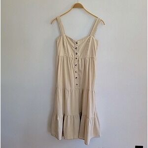 Indulge Instyle Prairie Dress Large Beige Tiered Boho Cottage Minimalist Prairie